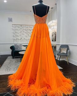 Style Custom Couture Jovani Orange Size 4 Fun Fashion Feather Overskirt Tall Height Side slit Dress on Queenly