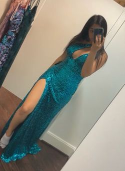 Blondie Nites Blue Size 6 Turquoise Camille La Vie Prom Floor Length Side slit Dress on Queenly