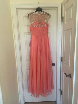 La Femme Orange Size 8 Coral Beaded Top Floor Length Straight Dress on Queenly