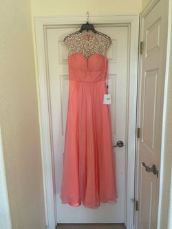 La Femme Orange Size 8 Floor Length Bridesmaid Sheer Straight Dress on Queenly