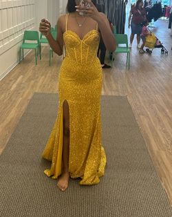 Cinderella Divine Gold Size 8 Floor Length Plunge Jersey Pageant Side slit Dress on Queenly