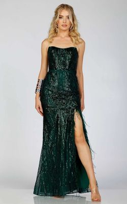 Style 231P0030 Terani Couture Green Size 12 Fringe Black Tie Floor Length Side slit Dress on Queenly