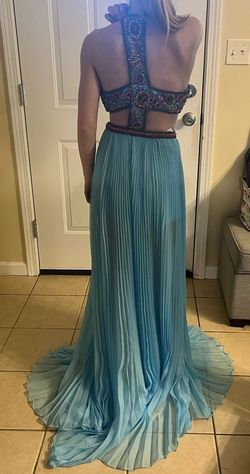Sherri Hill Blue Size 4 Pageant Jersey Floor Length Train Dress on Queenly