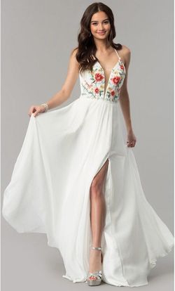 Style 10000 Faviana White Size 0 Floor Length Print Plunge A-line Dress on Queenly