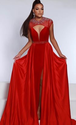 Style 2671 Johnathan Kayne Red Size 4 Sleeves Keyhole Straight Dress on Queenly