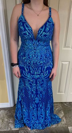 Ashley Lauren Blue Size 14 Sequined Plunge Mermaid Dress on Queenly