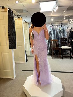 Style 20042 Amarra Purple Size 4 Plunge Train Side Slit Mermaid Dress on Queenly