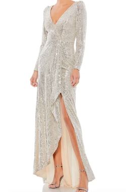 Style 26395 Mac Duggal Silver Size 6 Sequined Black Tie Plunge Side slit Dress on Queenly