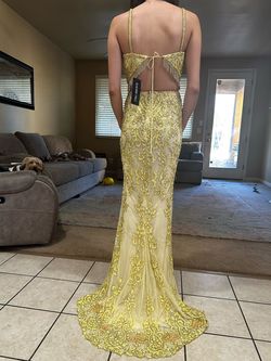 Style 54219 Sherri Hill Yellow Size 0 Jersey Square Square Neck Mermaid Dress on Queenly