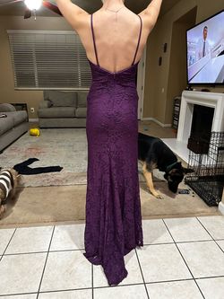 Style 29700 La Femme Purple Size 00 Plunge Semi Formal Jersey Side slit Dress on Queenly