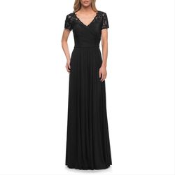 Style 29772 La Femme Black Size 4 Embroidery Floral Military Straight Dress on Queenly