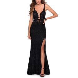 Style 28648 La Femme Black Size 8 Shiny Floor Length Side slit Dress on Queenly
