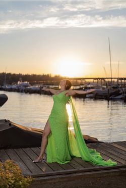 Style 54882 Sherri Hill Green Size 4 54882 Plunge Side slit Dress on Queenly