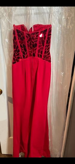 Style 55497 Sherri Hill Red Size 0 Jersey Pageant Black Tie Prom Side slit Dress on Queenly