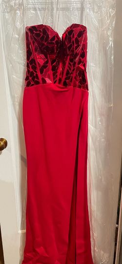 Style 55497 Sherri Hill Red Size 0 Short Height Jersey Side slit Dress on Queenly