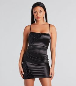 Style 05103-5195 Windsor Black Size 4 Tall Height Satin Shiny Cocktail Dress on Queenly