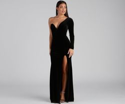 Style 05002-1732 Windsor Black Size 4 Jersey Velvet Long Sleeve Prom Tall Height Side slit Dress on Queenly