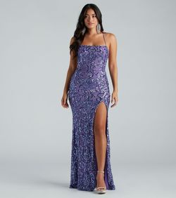 Style 05002-7705 Windsor Purple Size 4 Wedding Guest Sequined 05002-7705 Square Neck Mermaid Side slit Dress on Queenly