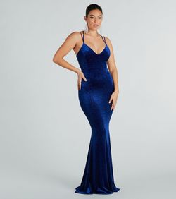 Style 05002-7629 Windsor Blue Size 0 Velvet Quinceanera Floor Length V Neck Mermaid Dress on Queenly