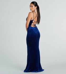 Style 05002-7629 Windsor Blue Size 4 Velvet Tall Height Spaghetti Strap 05002-7629 Mermaid Dress on Queenly