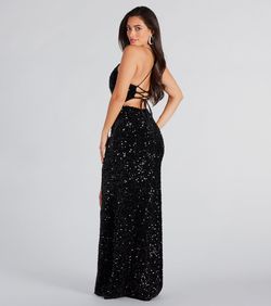 Style 05002-7742 Windsor Black Size 4 Plunge Padded Mermaid Spaghetti Strap Jewelled Side slit Dress on Queenly