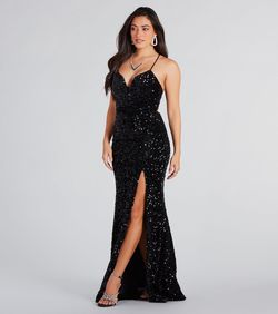 Style 05002-7742 Windsor Black Size 4 Padded Jersey Spaghetti Strap Plunge Side slit Dress on Queenly