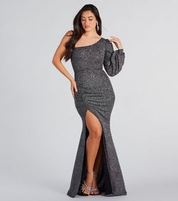 Style 05002-7612 Windsor Black Size 8 Sleeves One Shoulder Side slit Dress on Queenly