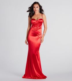 Style 05002-7671 Windsor Red Size 4 Bustier Padded Jewelled Spaghetti Strap Mermaid Dress on Queenly