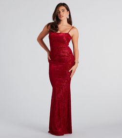 Style 05002-7792 Windsor Red Size 4 Floor Length Velvet Sheer Prom Mermaid Dress on Queenly