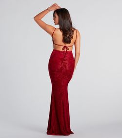 Style 05002-7792 Windsor Red Size 4 05002-7792 Jersey Wedding Guest Spaghetti Strap Mermaid Dress on Queenly