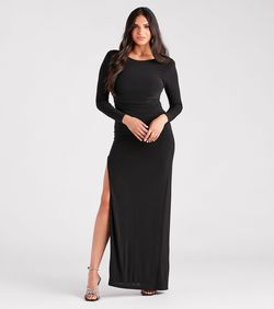 Style 05002-7355 Windsor Black Size 0 Tall Height Fitted Sleeves Backless Side slit Dress on Queenly