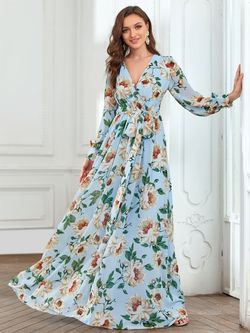 Style FSWD0249 Faeriesty Blue Size 0 Tulle Jersey Floor Length Floral Straight Dress on Queenly