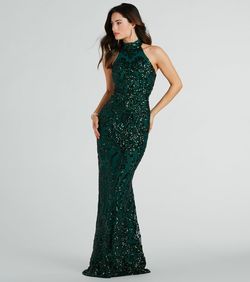 Style 05002-8165 Windsor Green Size 0 Sequined Prom Halter Tall Height Mermaid Dress on Queenly