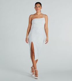 Style 05001-1643 Windsor White Size 0 Sequined Sheer Shiny Floor Length Side slit Dress on Queenly