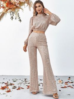 Style FSWU9003 Faeriesty Orange Size 0 Tall Height Fswu9003 Sequined Polyester High Neck Jumpsuit Dress on Queenly