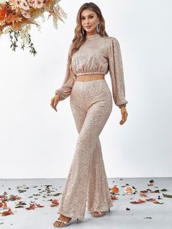 Style FSWU9003 Faeriesty Orange Size 8 Tall Height Sequined Fswu9003 Polyester High Neck Jumpsuit Dress on Queenly