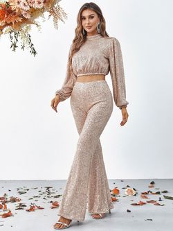 Style FSWU9003 Faeriesty Orange Size 12 Plus Size Tall Height Long Sleeve Sequined Jumpsuit Dress on Queenly