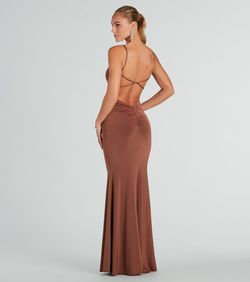 Style 05002-7819 Windsor Brown Size 12 Jersey Wedding Guest Plus Size Spaghetti Strap Mermaid Dress on Queenly