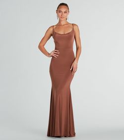 Style 05002-7819 Windsor Brown Size 12 Jersey Wedding Guest Plus Size Spaghetti Strap Mermaid Dress on Queenly