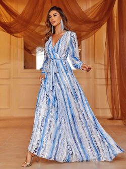 Style FSWD1661 Faeriesty Blue Size 0 Floor Length Jersey Plunge Long Sleeve Polyester Straight Dress on Queenly