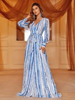 Style FSWD1661 Faeriesty Blue Size 16 Belt Long Sleeve Print Straight Dress on Queenly