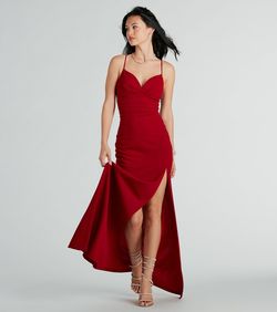 Style 05002-8199 Windsor Red Size 0 Sweetheart Floor Length Bridesmaid Mermaid Side slit Dress on Queenly