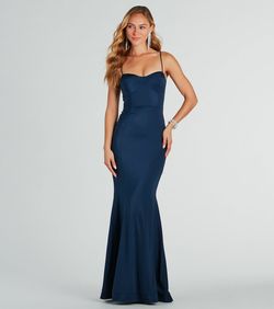 Style 05002-7845 Windsor Blue Size 12 Padded Wedding Guest Sweetheart Spaghetti Strap Jersey Mermaid Dress on Queenly
