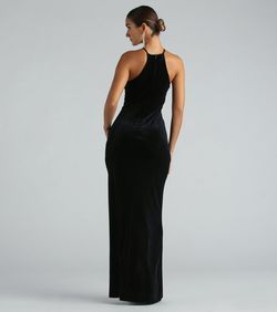 Style 05002-7619 Windsor Black Size 4 High Neck Velvet Spaghetti Strap Side slit Dress on Queenly