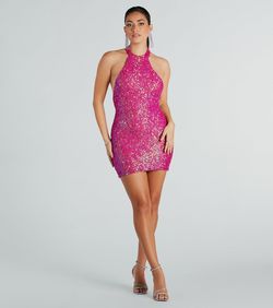 Style 05103-5481 Windsor Pink Size 12 Backless Shiny Mini Cocktail Dress on Queenly