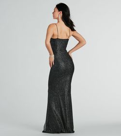 Style 05002-7566 Windsor Black Size 8 Floor Length Sweetheart Spaghetti Strap Shiny Mermaid Dress on Queenly