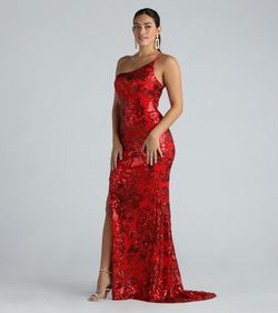 Style 05002-7647 Windsor Red Size 4 One Shoulder Sequined Spaghetti Strap Tall Height Side slit Dress on Queenly