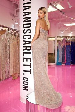 Style PS24877C Portia and Scarlett Silver Size 6 Tall Height Floor Length Pageant Side slit Dress on Queenly