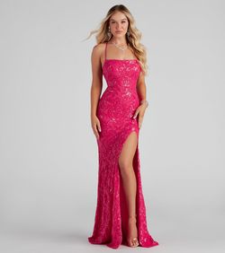 Style 05002-2054 Windsor Pink Size 8 Padded Mermaid Spaghetti Strap Black Tie Side slit Dress on Queenly