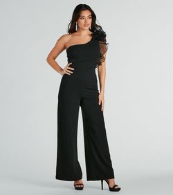 Style 06502-2413 Windsor Black Size 12 Plus Size Ruffles Cocktail Jumpsuit Dress on Queenly